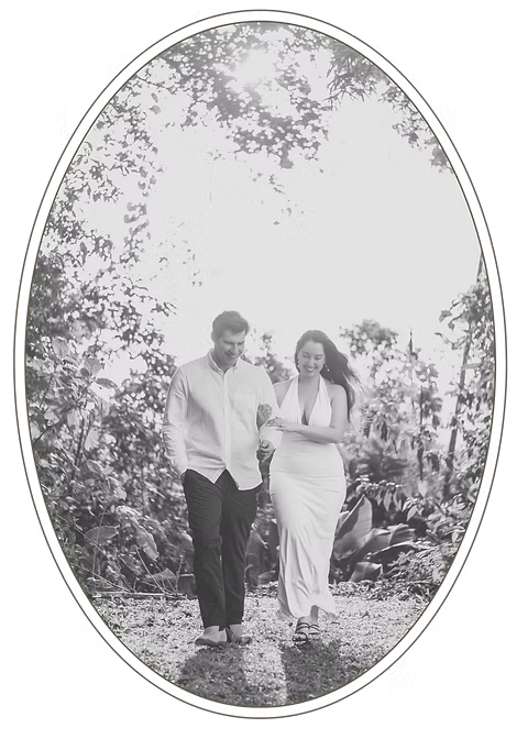 Aurora and Jake walking together in a garden