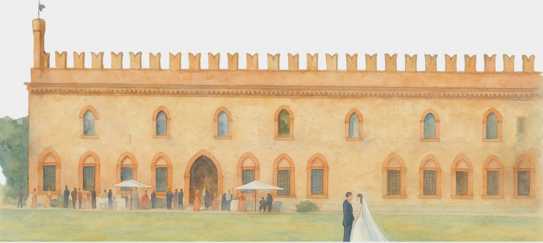 Watercolor of Palazzo de' Rossi with guests gathered and the couple on the lawn