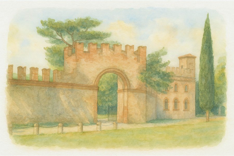 Watercolor of the palazzo's medieval gate and cypress trees