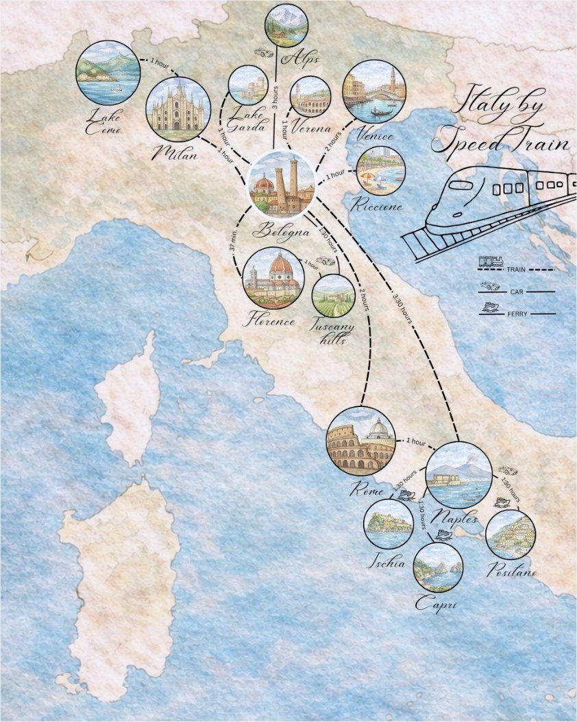 Illustrated map of Italy showing high-speed train connections from Bologna