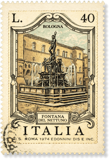 Vintage Italian postage stamp of Bologna's Fontana del Nettuno
